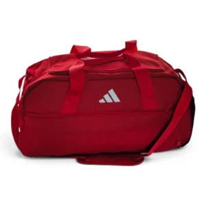 Adidas Tiro League mažas sportinis krepšys, raudonas - iš priekio, matosi visos rankenos i viršutinė bei priekinė kišenės.